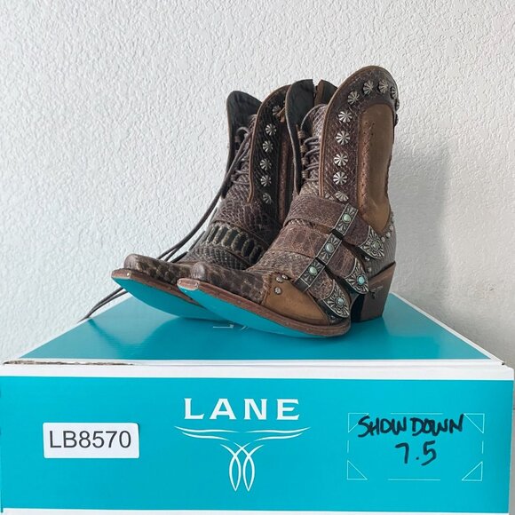 Lane SHOWDOWN Womens Cowboy Boots 7.5 Brown Short Western Cowgirl Lace-up Bootie - Picture 10 of 11
